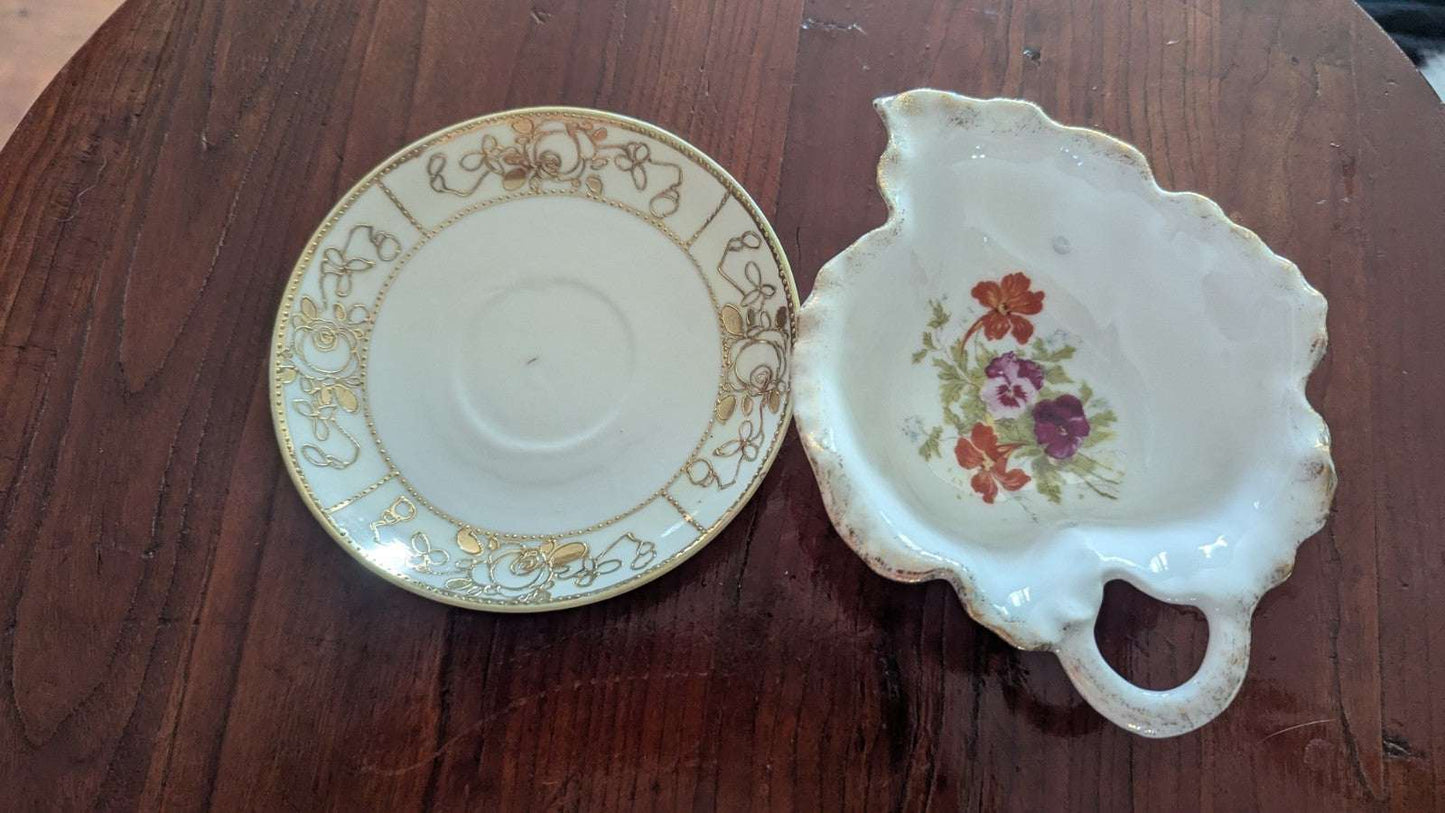 Vintage Gold Accented Leaf Shaped Gravy Serving Dish And Plate W/ Floral Design | Crystal Arborist