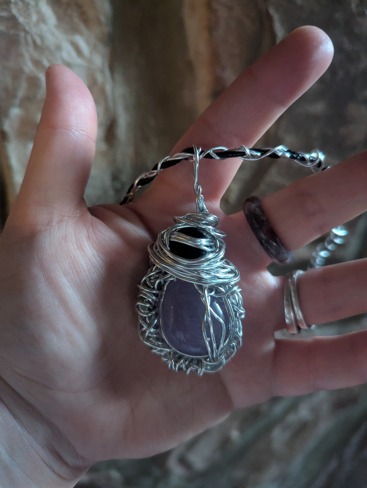 Amethyst and Obsidian Wire Wrapped Pendant, For Protection and Serenity