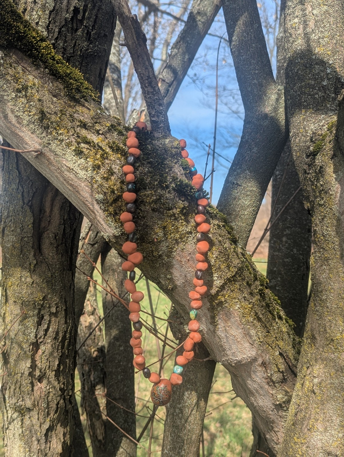 Clay & Gemstone Necklace: Crysocolla Beads w/ Painted Tree Pendant For Grounding
