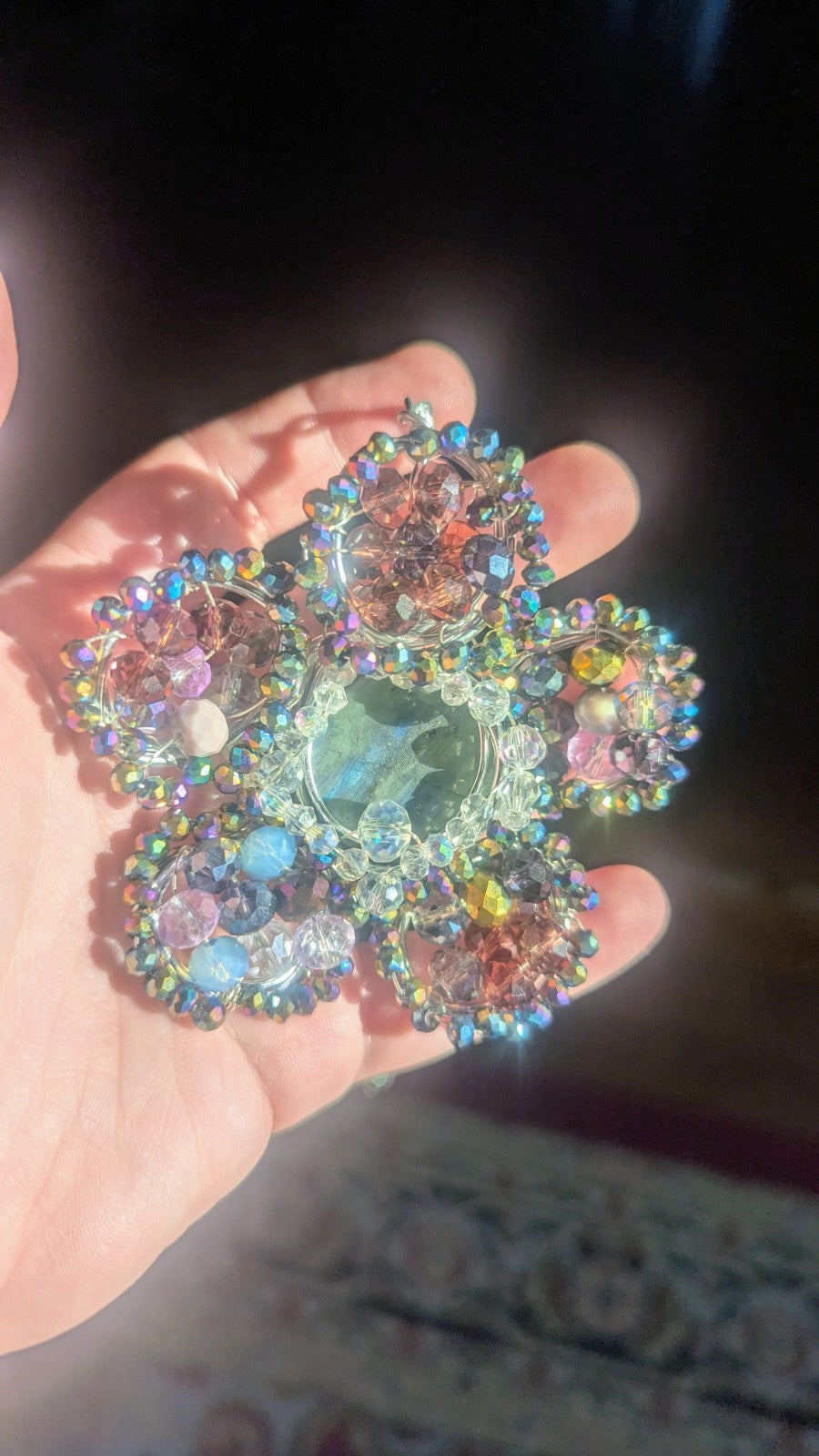 Labradorite Druzy Flower Necklace, Statement, Shines, Wirewrapped, Glass Beads