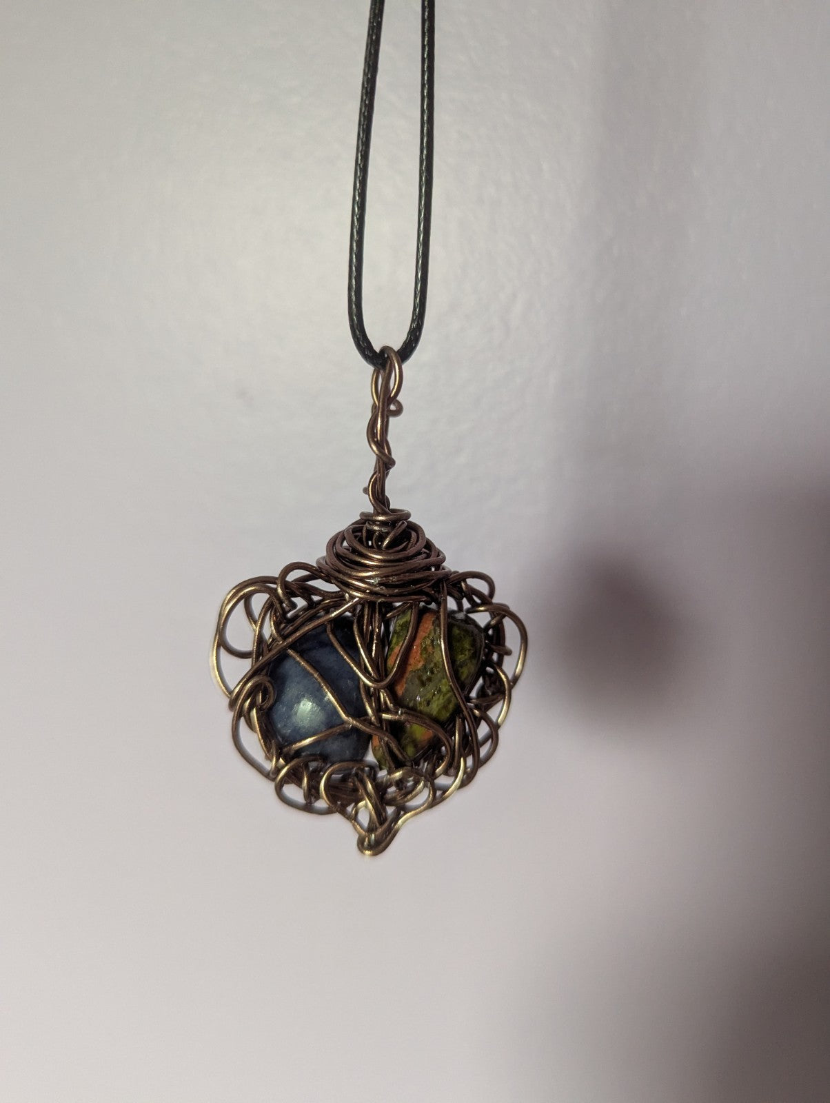 Unakite and Blue Aventurine Wire Pendant, Unique Design, Heart Shaped, Lovely