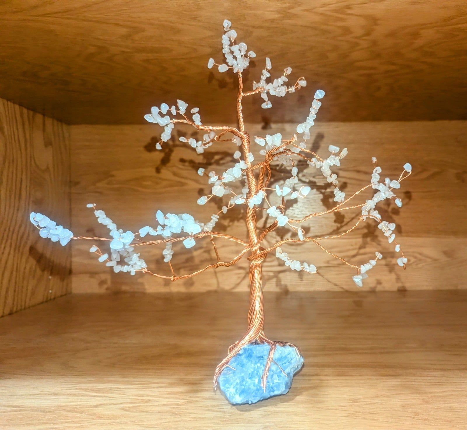Serene WireWrapped Tree: White Jade &Blue Calcite Gemstone for Peace& Prosperity