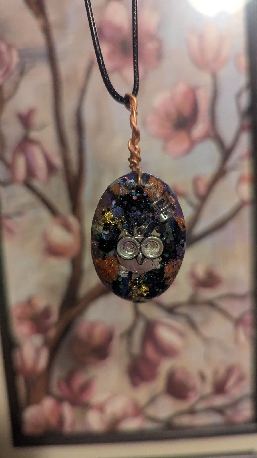 Lapis and Goldstone, Owl, Handmade Orgonite Necklace