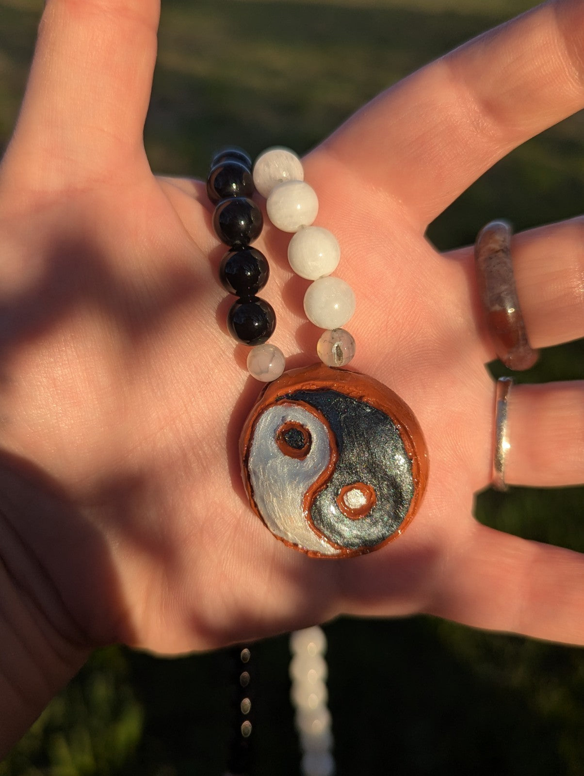 Yin & Yang Clay Pendant, Moonstone, Black Onyx, Dragon Vein Agate, Mala Beads