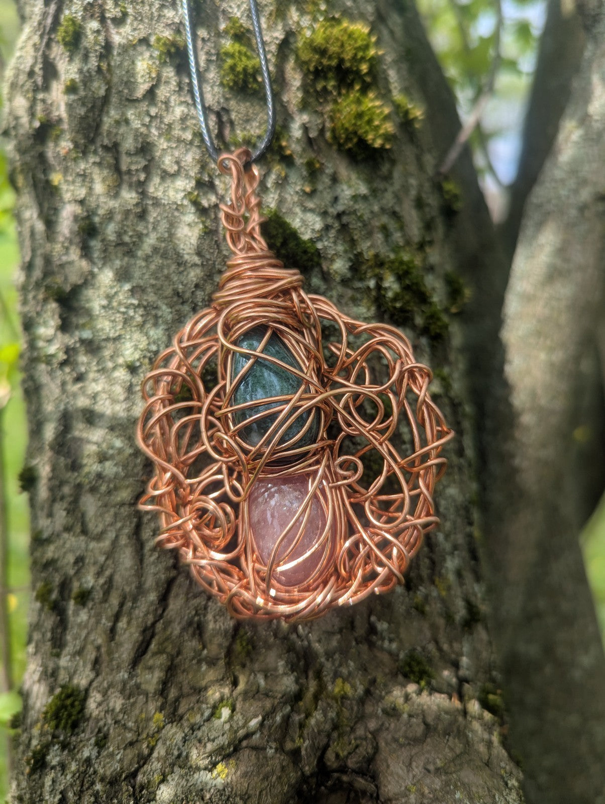 Africa Bloodstone and Cherry Quartz Wire Pendant For Balance and Harmony