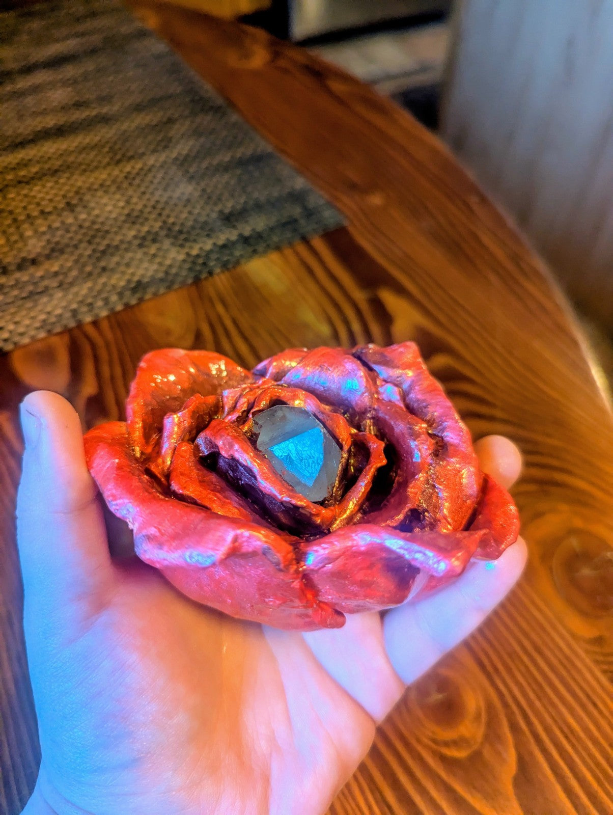 Red Rose Sculpture with Clear Quartz Point for Home Decor, Meditation