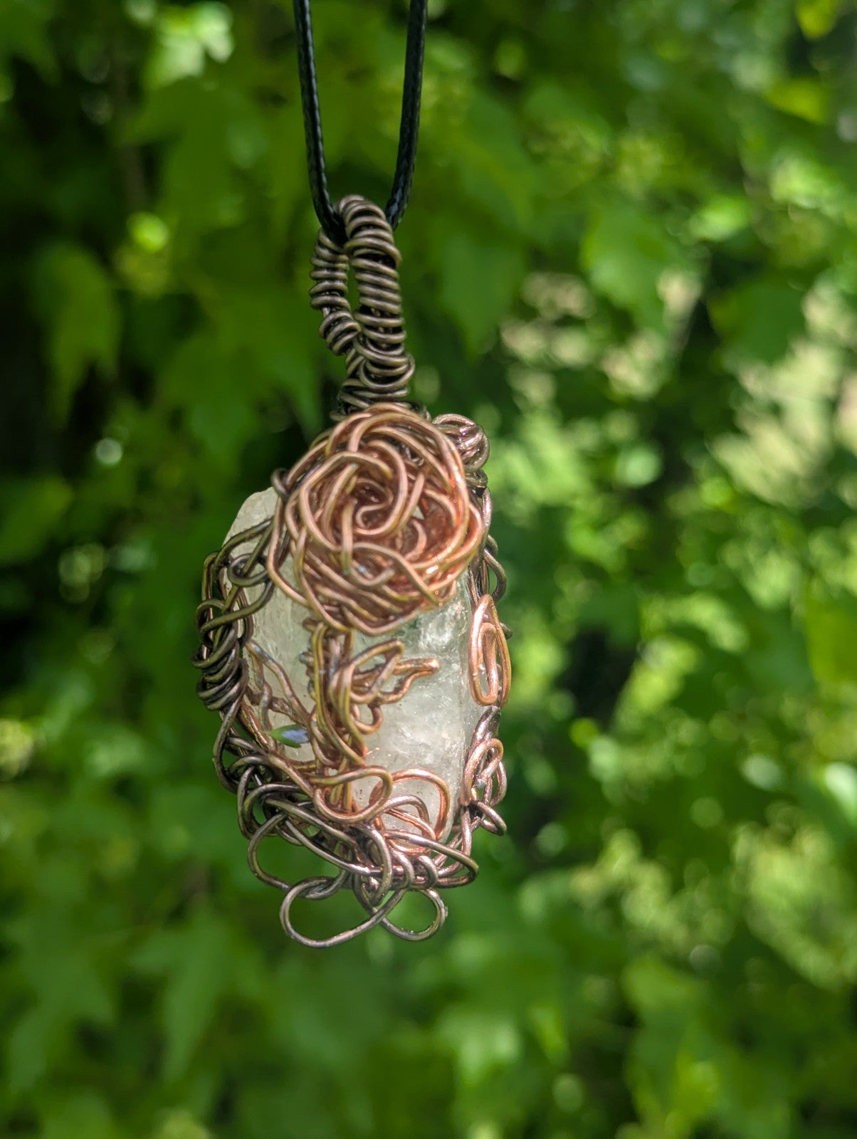 Clear Quartz Wire Necklace with Metal Rose for Everlasting Love and Prosperity