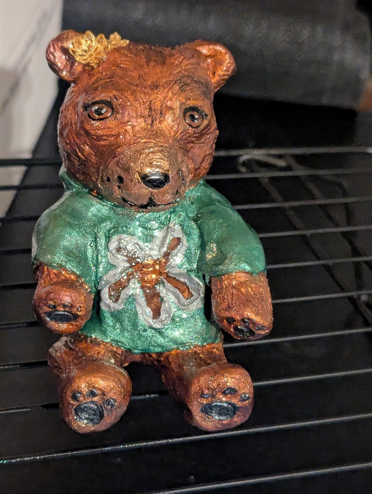 Bear Sculpture With Obsidian and Clear Quartz, Handmade