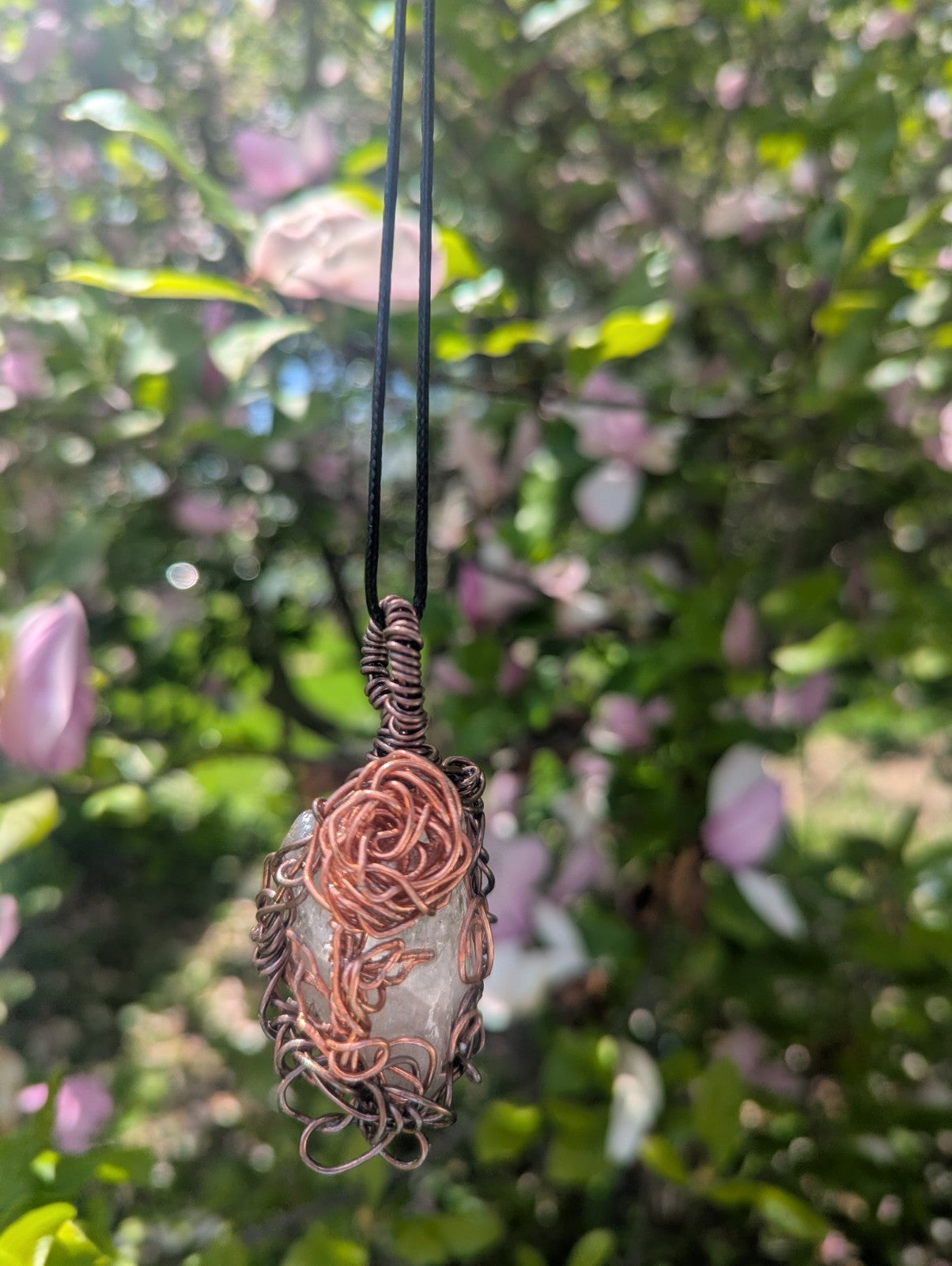 Clear Quartz Wire Necklace with Metal Rose for Everlasting Love and Prosperity