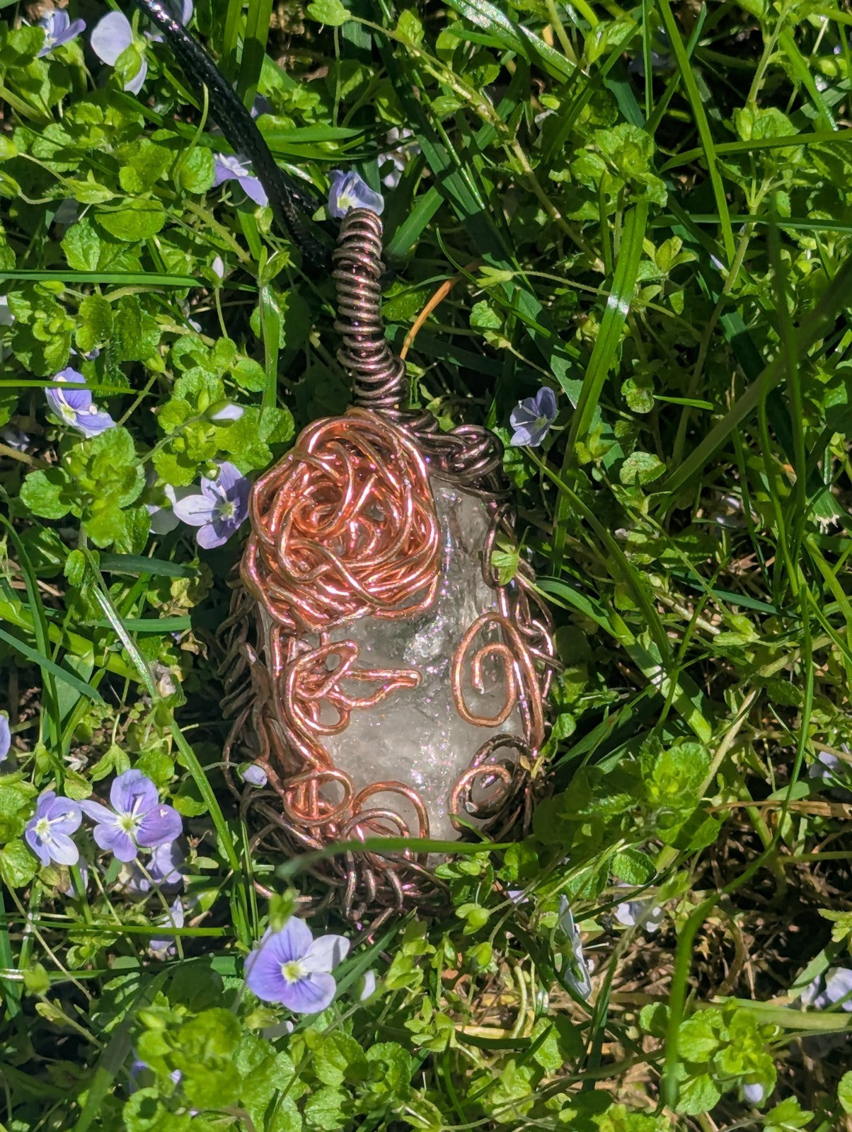 Clear Quartz Wire Necklace with Metal Rose for Everlasting Love and Prosperity