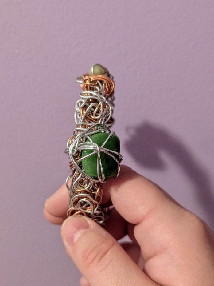 Cat's Eye and Green Jade Wire Bracelet For Luck and Protection