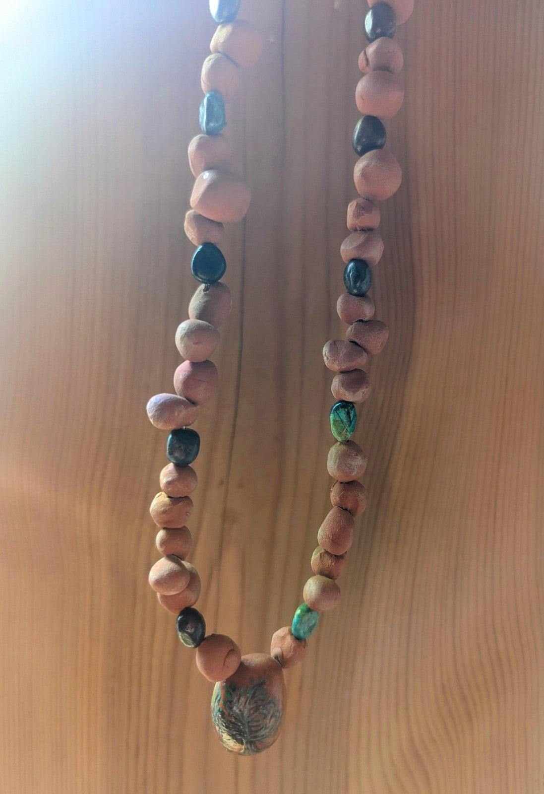 Clay & Gemstone Necklace: Crysocolla Beads w/ Painted Tree Pendant For Grounding