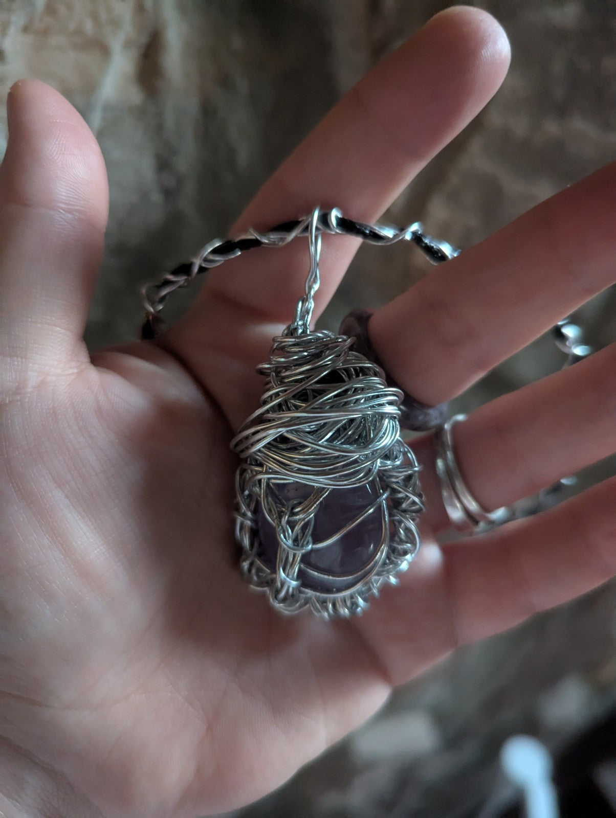 Amethyst and Obsidian Wire Wrapped Pendant, For Protection and Serenity