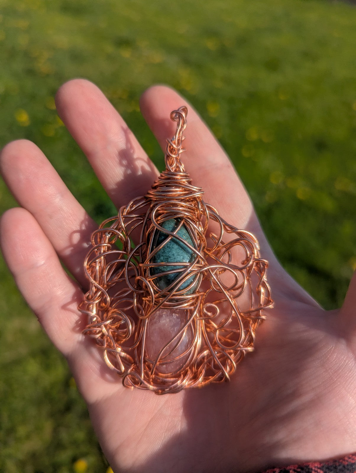 Africa Bloodstone and Cherry Quartz Wire Pendant For Balance and Harmony