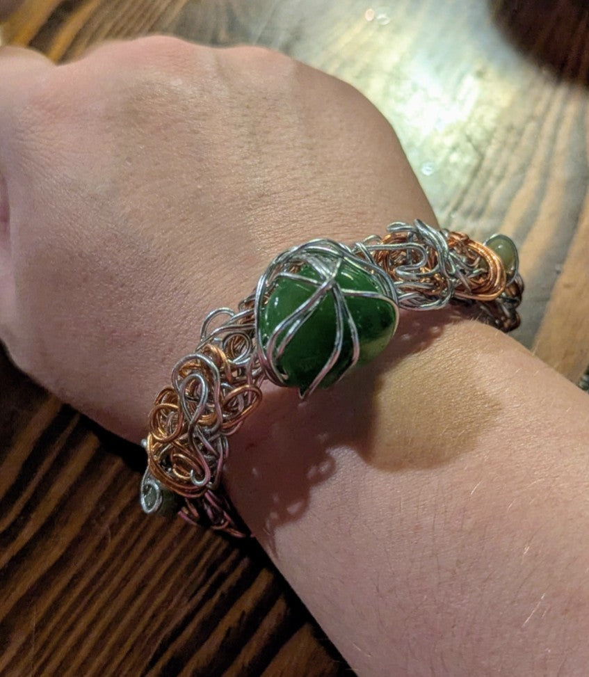 Cat's Eye and Green Jade Wire Bracelet For Luck and Protection