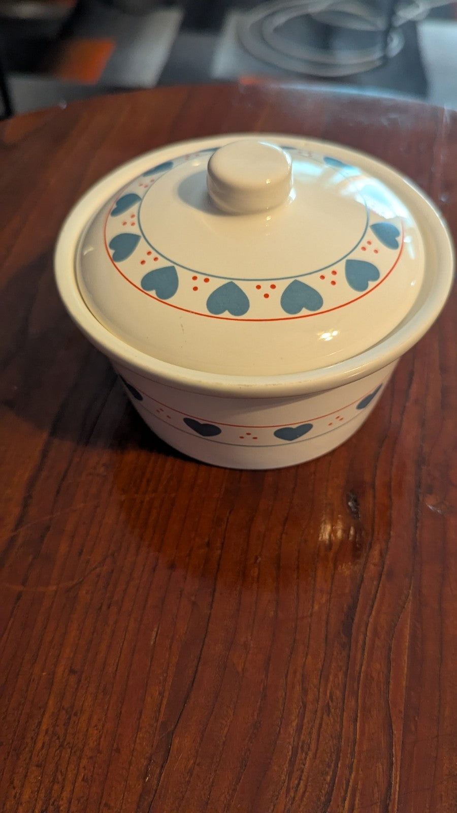 Vintage Sugar Dish, White With Blue Hearts, Cottage & Country Home Design