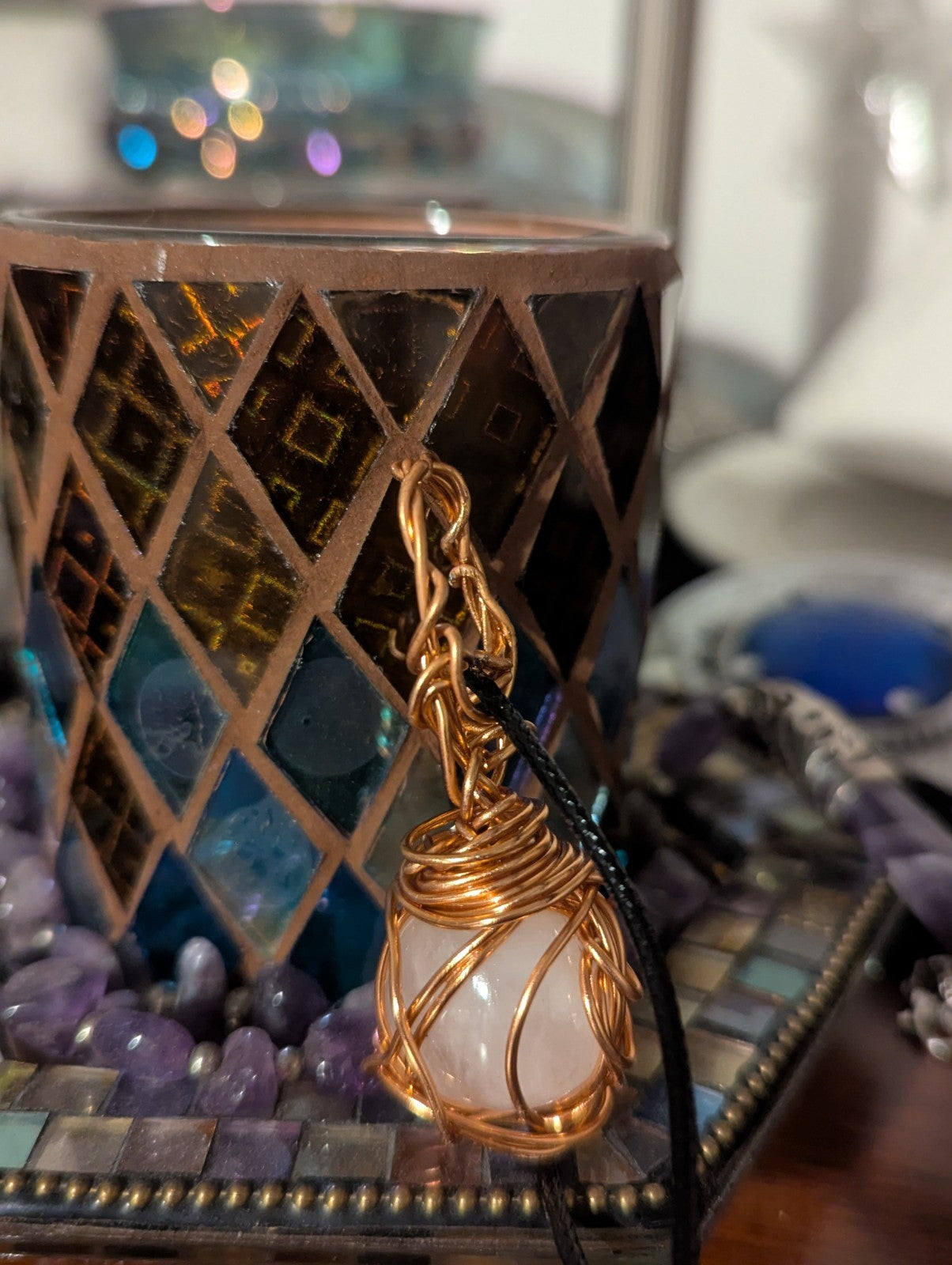 Handcrafted White Quartz Wire Necklace, for Crown Chakra, Beautiful