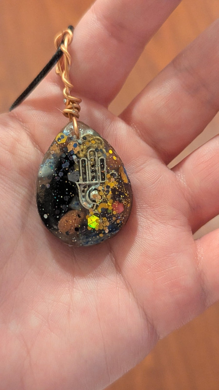Lapis and Goldstone, Hamsa, Handmade Orgonite Necklace | Crystal Arborist
