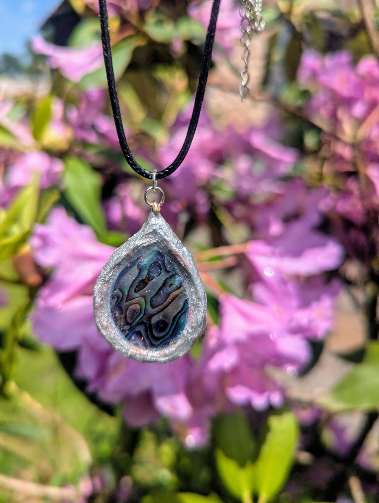 Rare Abalone Shell Pendant, With  Hand Painted Terracotta Clay Frame