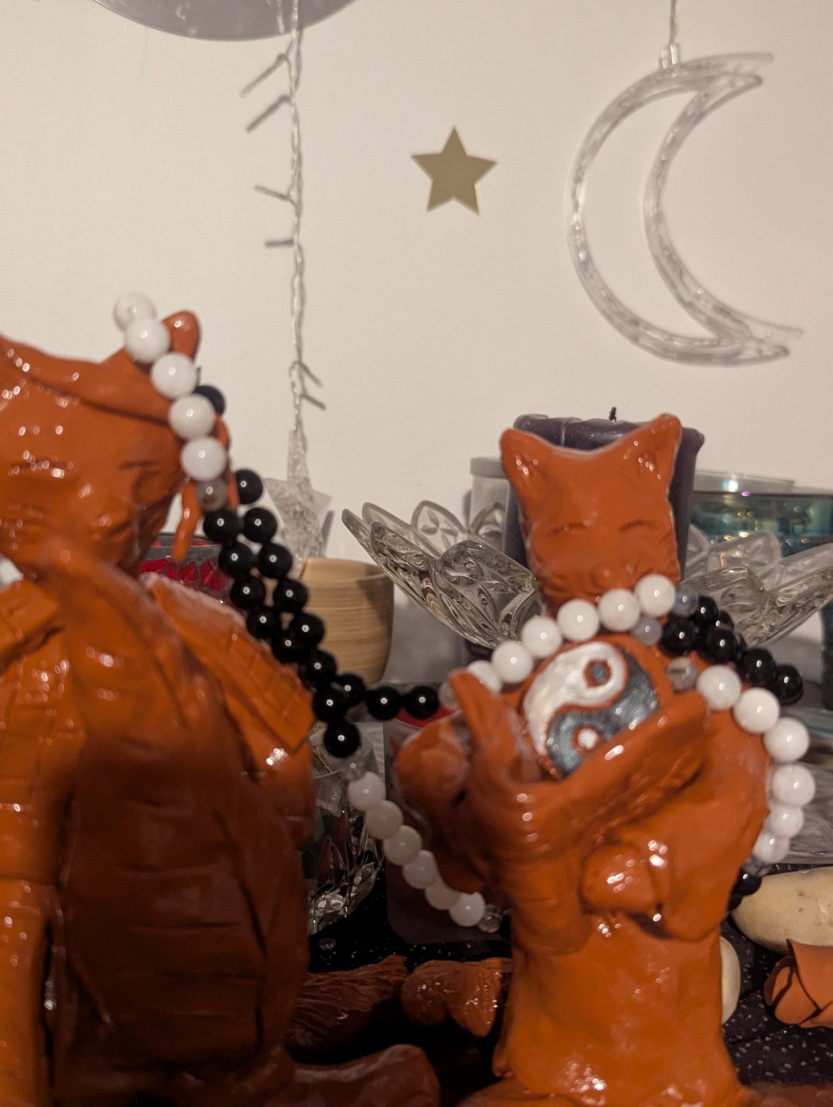 Yin & Yang Clay Pendant, Moonstone, Black Onyx, Dragon Vein Agate, Mala Beads