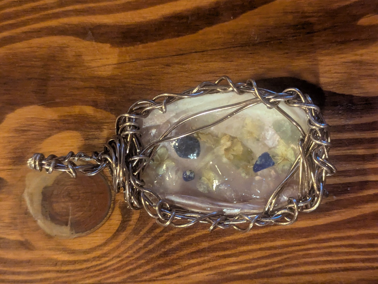 Wire Seashell Pendant, With Spring Flowers and Gemstones