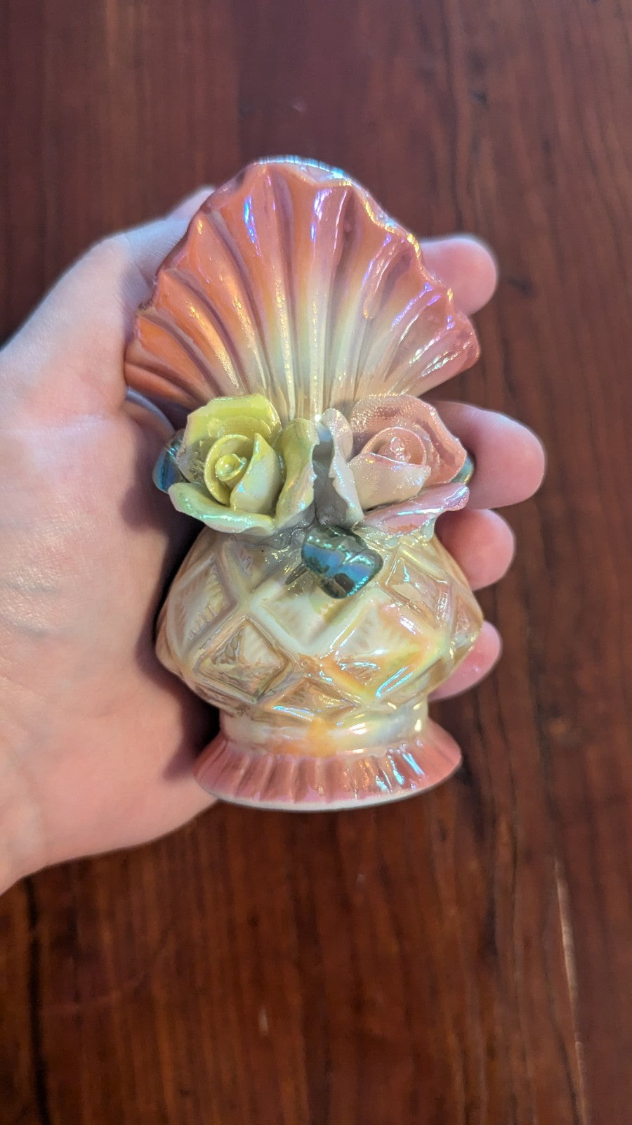 Small Pearlescent Vintage Vase, Sculpted Flowers, Iridescent