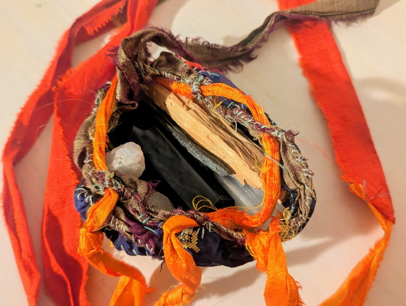 Protection and Grounding Gemstone Bundle with Handmade Drawstring Sari Silk Bag