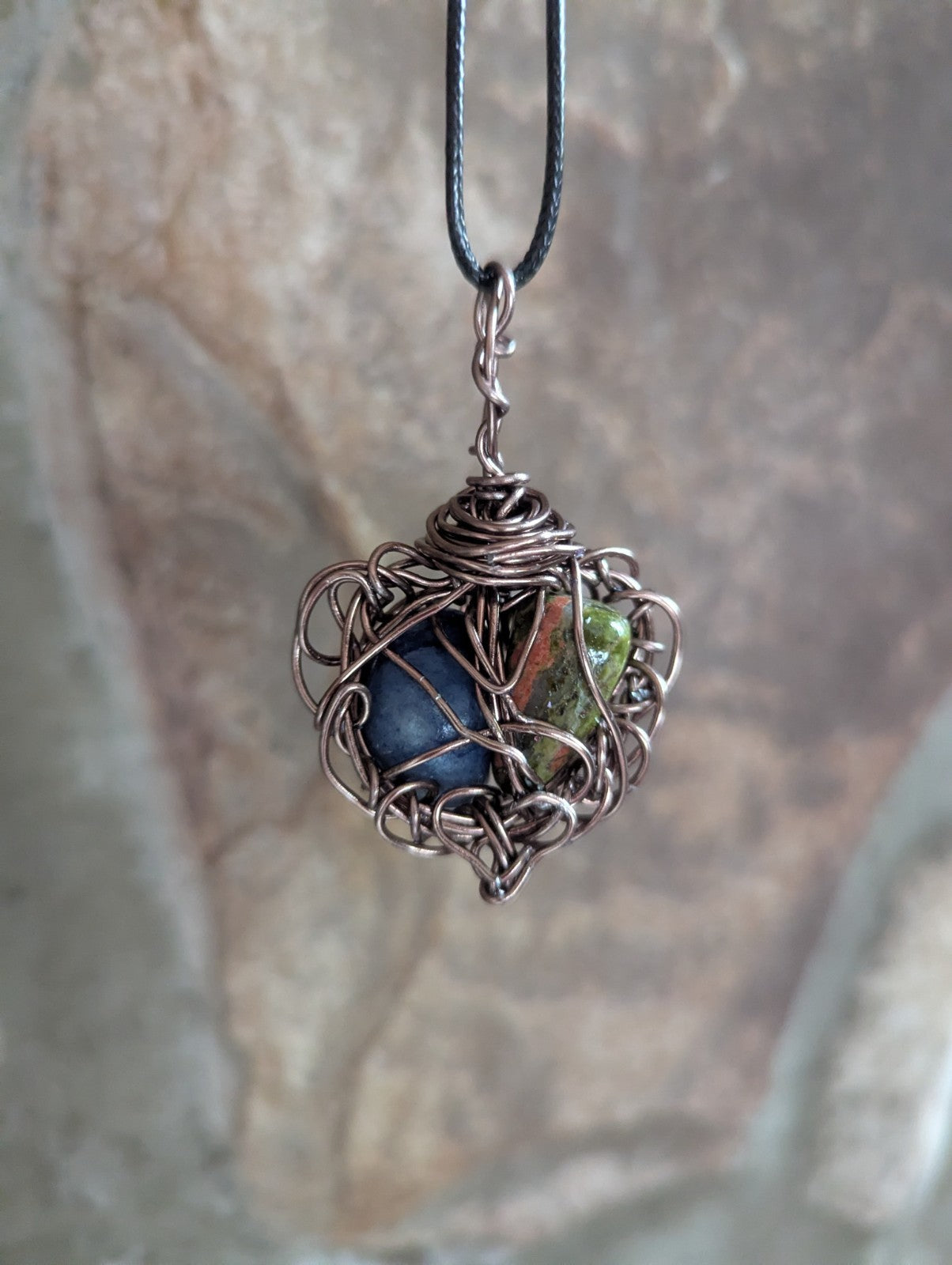 Unakite and Blue Aventurine Wire Pendant, Unique Design, Heart Shaped, Lovely