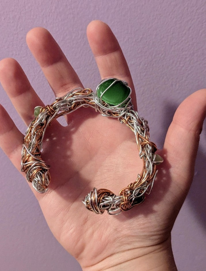 Cat's Eye and Green Jade Wire Bracelet For Luck and Protection