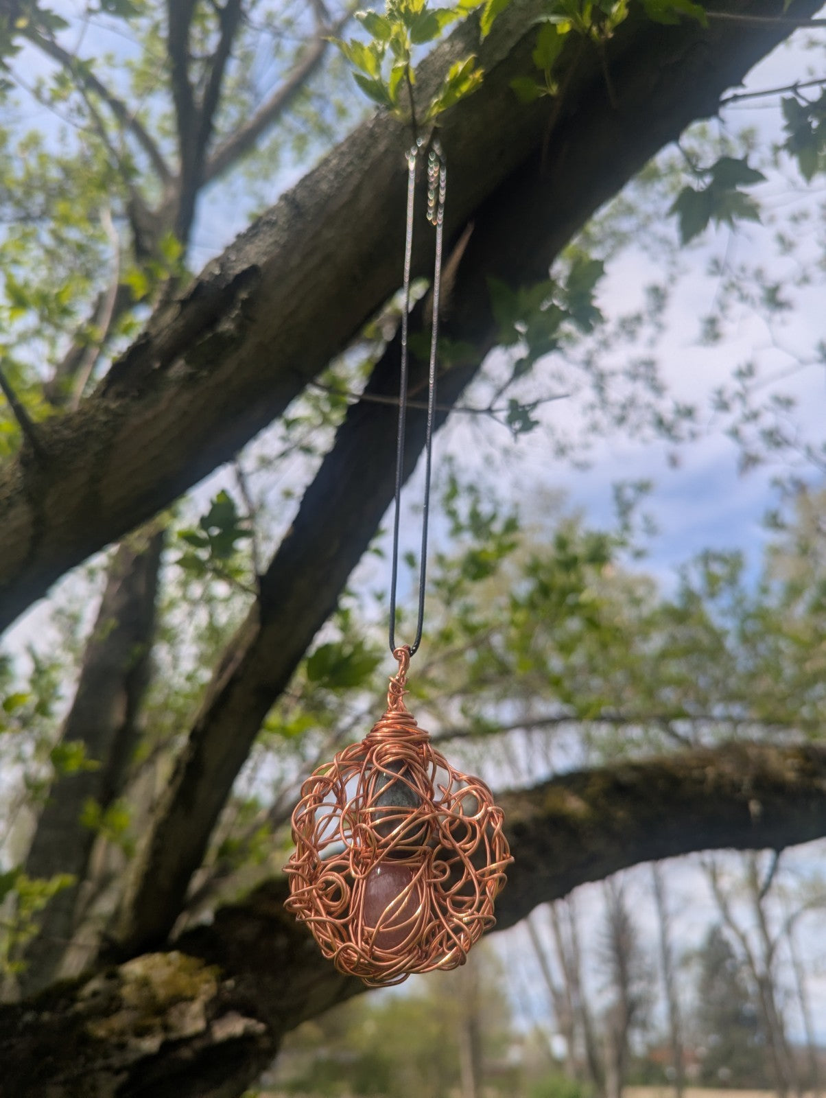 Africa Bloodstone and Cherry Quartz Wire Pendant For Balance and Harmony