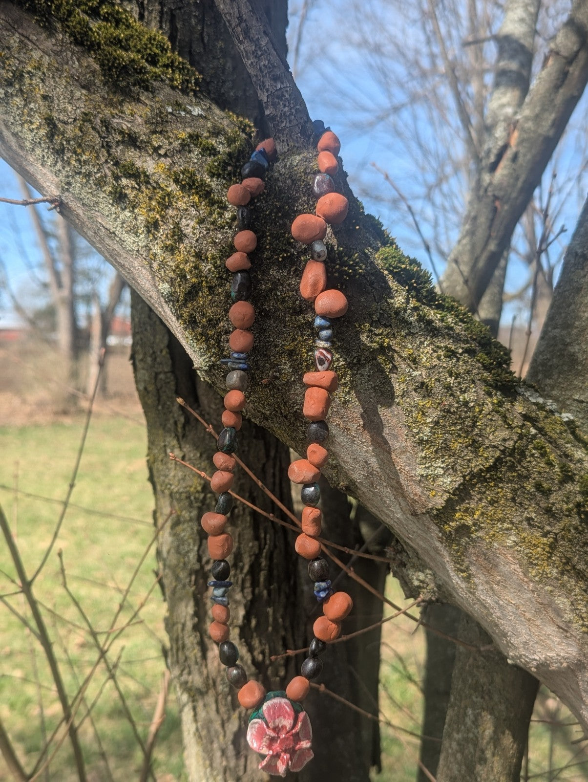 Clay & Gemstone Necklace: Crysocolla & Lapis Lazuli with Cherry Blossom Pendant