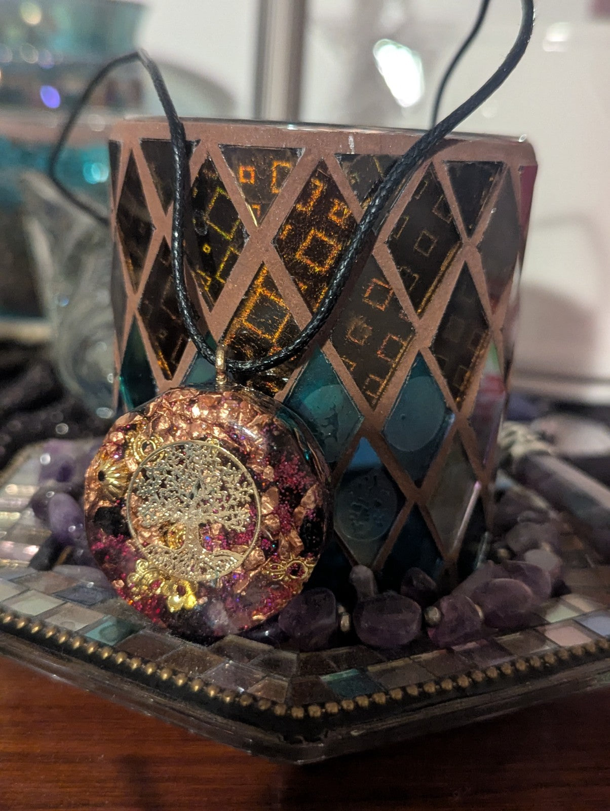 Purple&Maroon Rose Quartz and Garnet Orgonite Necklace for Love and Protection