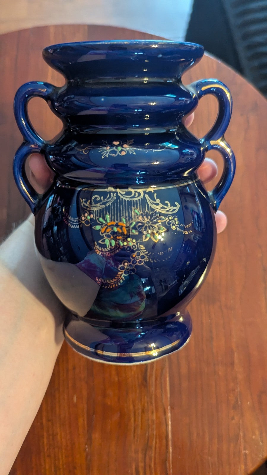 Vintage Kutani Japan Double Handled Hand Painted Cobalt Blue Ceramic Vase 6.5"