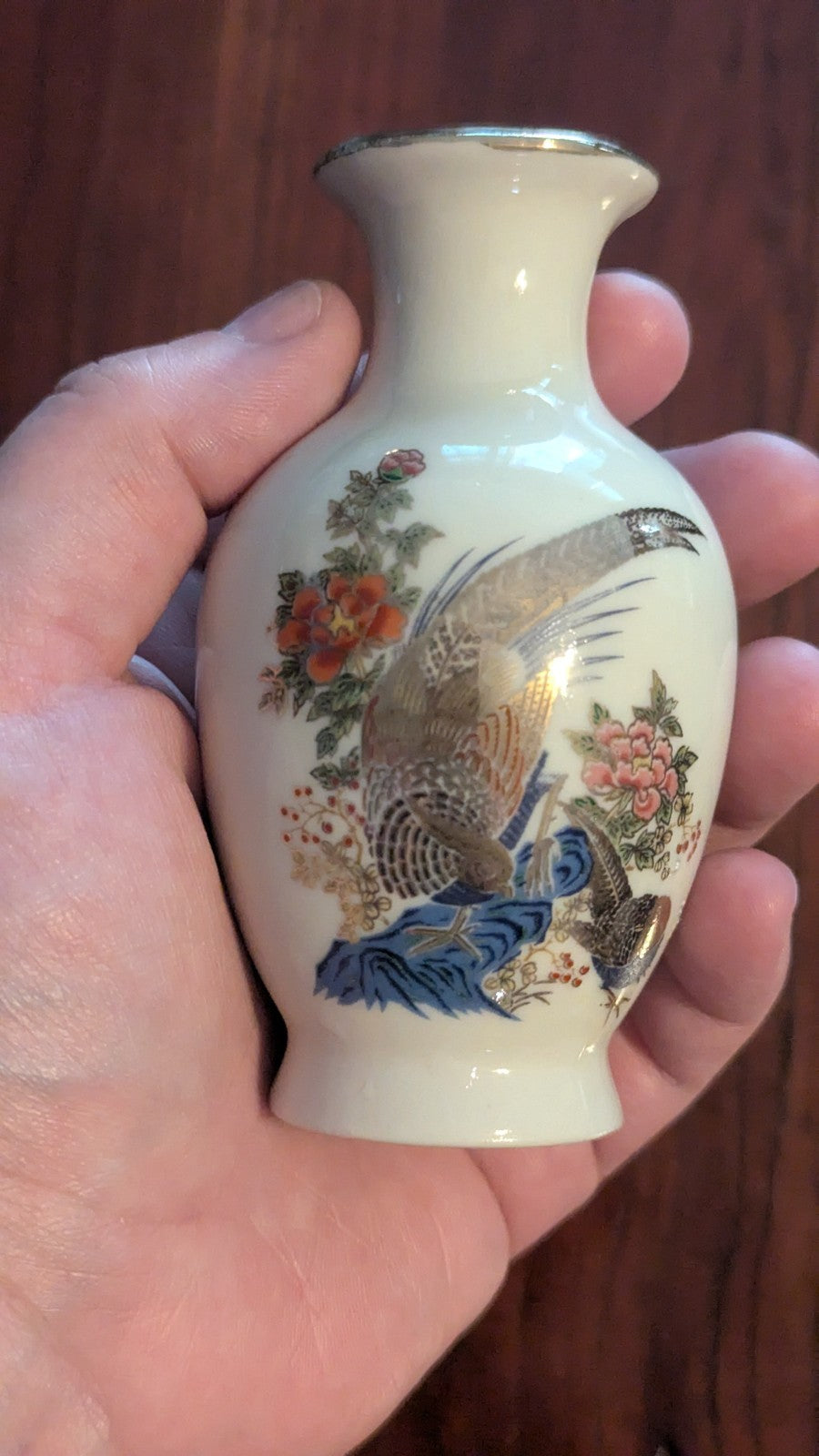 Small White Oriental Vase With Pheasants And Flowers