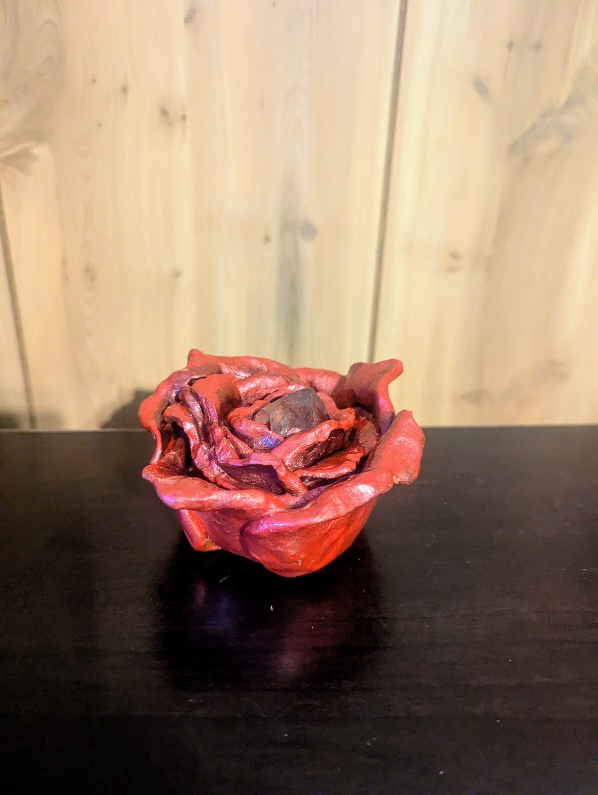 Red Rose Sculpture with Clear Quartz Point for Home Decor, Meditation