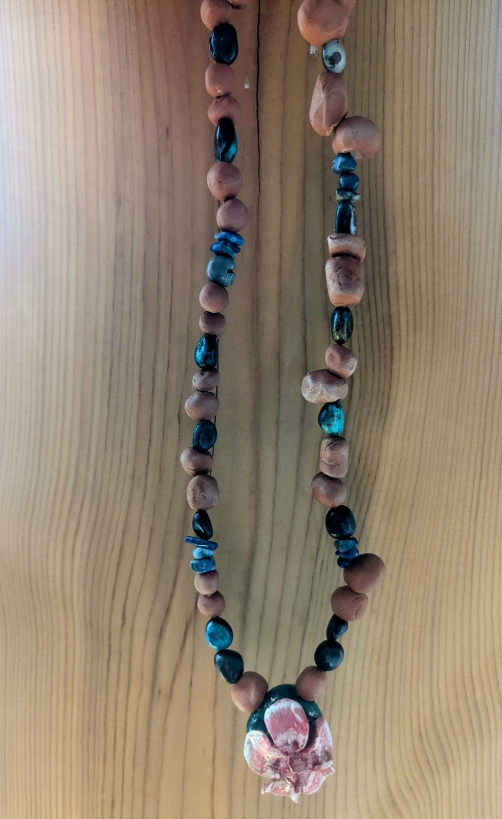 Clay & Gemstone Necklace: Crysocolla & Lapis Lazuli with Cherry Blossom Pendant