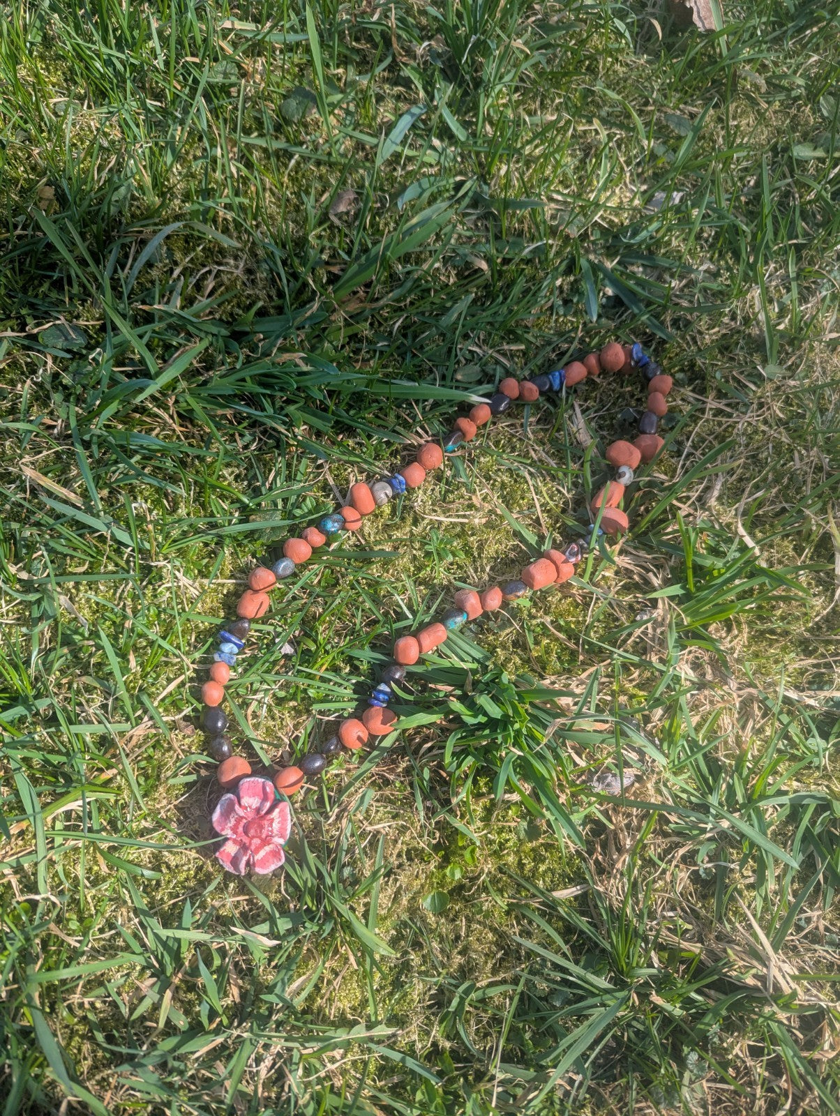 Clay & Gemstone Necklace: Crysocolla & Lapis Lazuli with Cherry Blossom Pendant