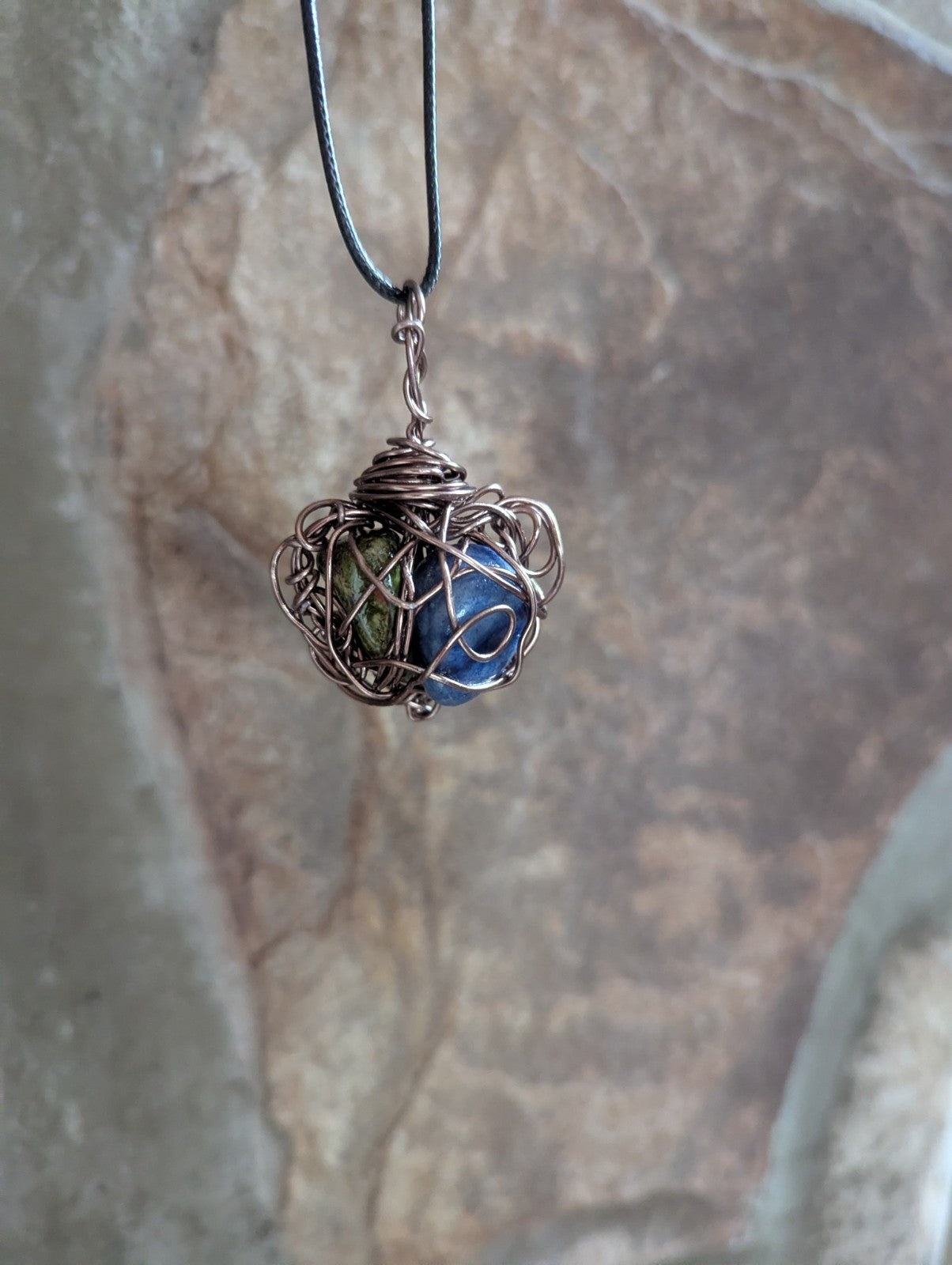 Unakite and Blue Aventurine Wire Pendant, Unique Design, Heart Shaped, Lovely