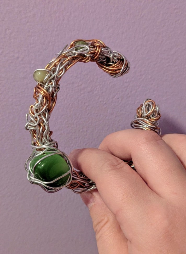 Cat's Eye and Green Jade Wire Bracelet For Luck and Protection
