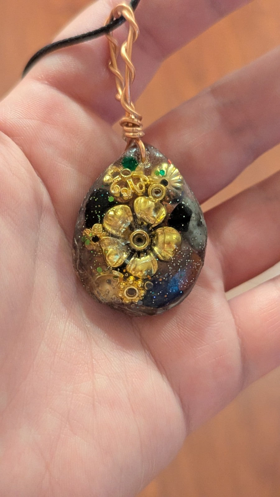 Lapis and Goldstone, Gold Flower, Handmade Orgonite Necklace