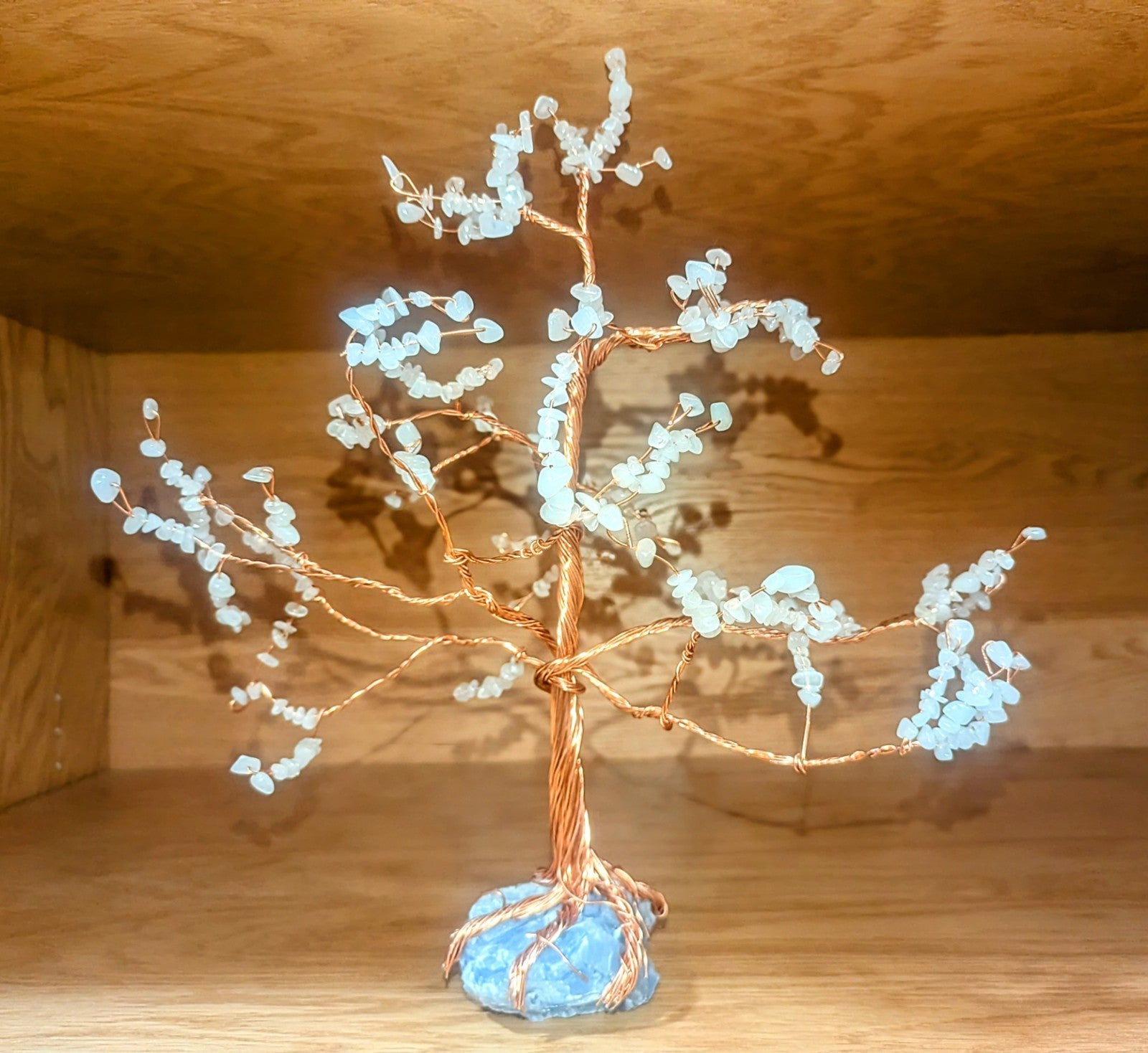 Serene WireWrapped Tree: White Jade &Blue Calcite Gemstone for Peace& Prosperity