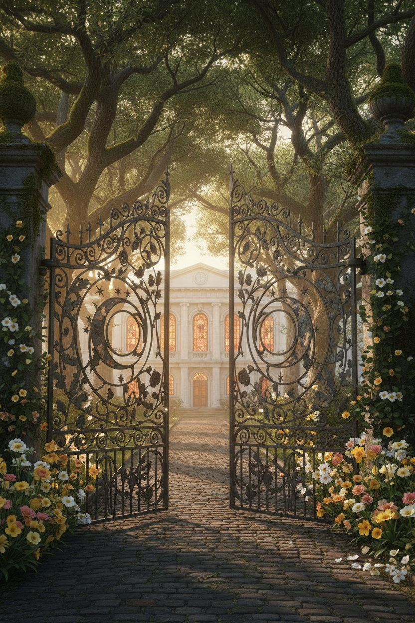 Ornate iron gates of Aethon Academy open at dawn, cobblestone path leading to a grand marble building with glowing stained glass windows, garden flowers in soft yellows and whites at the base of moss-covered stone pillars