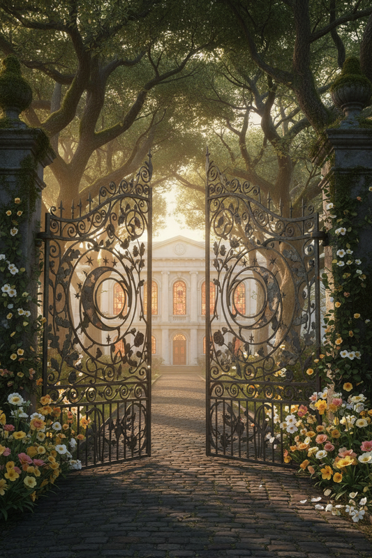 Ornate iron gates of Aethon Academy open at dawn, cobblestone path leading to a grand marble building with glowing stained glass windows, garden flowers in soft yellows and whites at the base of moss-covered stone pillars