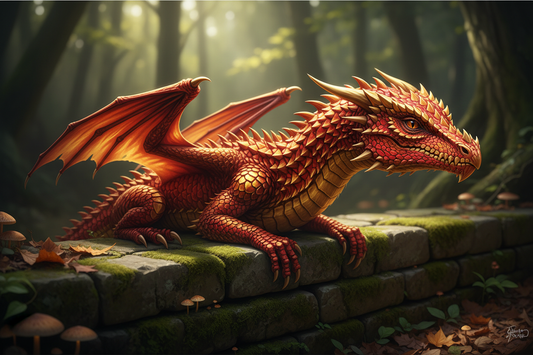 A dragon with red and gold scales, perched on a stone wall in a forest