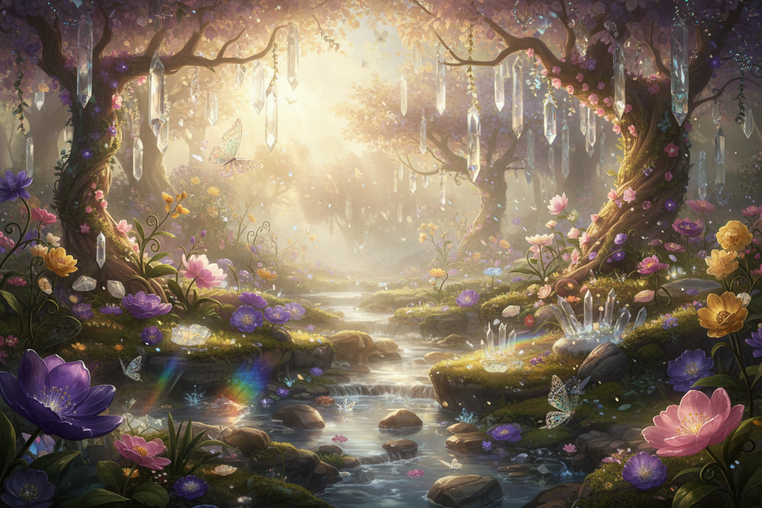 Sunshine streaming through the treetops. Trees with gemstone leaves and shining crystals. Lotus flowers and gemstones on the ground next to a flowing stream