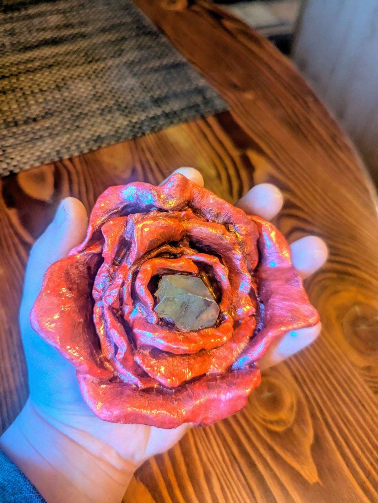 Red Rose Sculpture with Clear Quartz Point for Home Decor, Meditation | Crystal Arborist