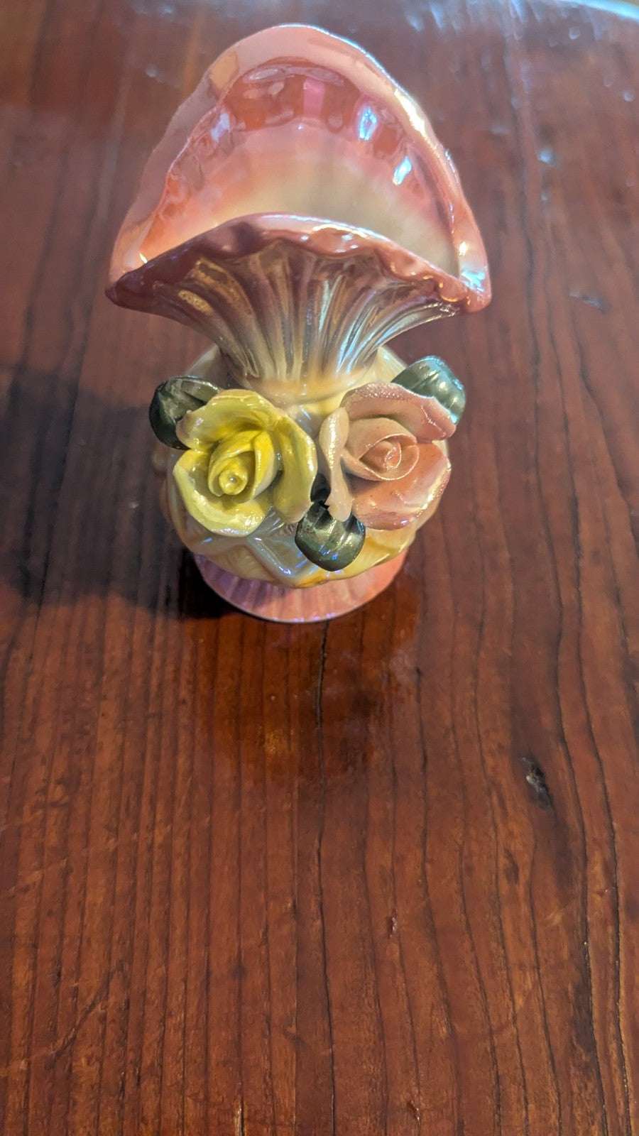 Small Pearlescent Vintage Vase, Sculpted Flowers, Iridescent | Crystal Arborist
