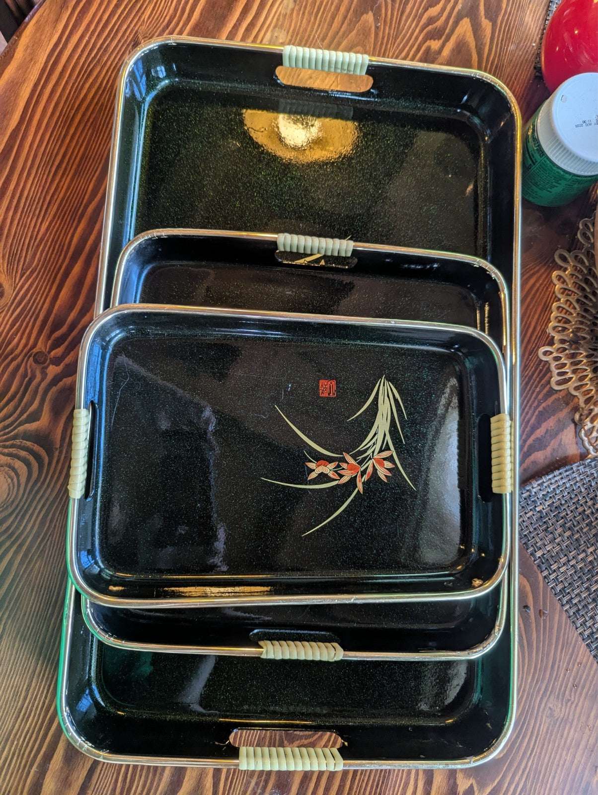 Three Vintage Oriental Style Serving Trays, Beautiful Green | Crystal Arborist