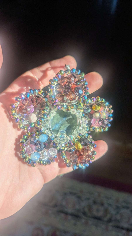 Labradorite Druzy Flower Necklace, Statement, Shines, Wirewrapped, Glass Beads | Crystal Arborist