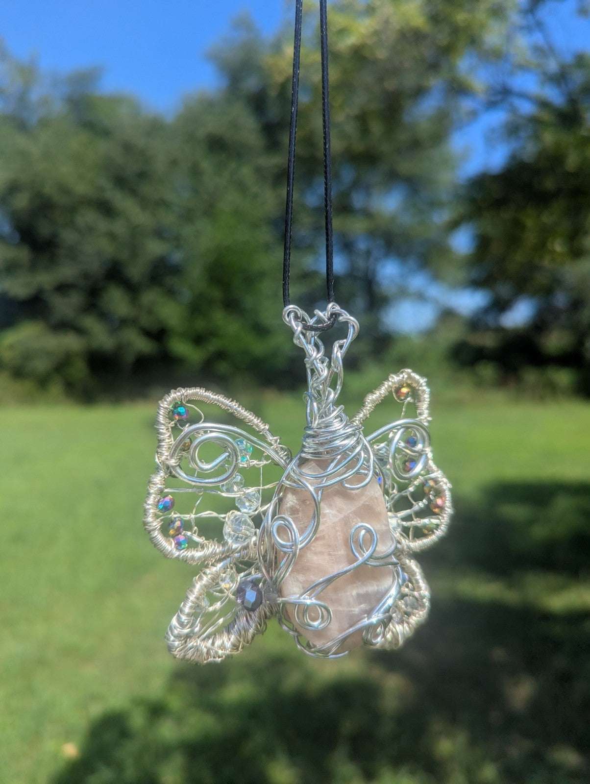 Handmade Sun and Moonstone Butterfly Necklace | Crystal Arborist